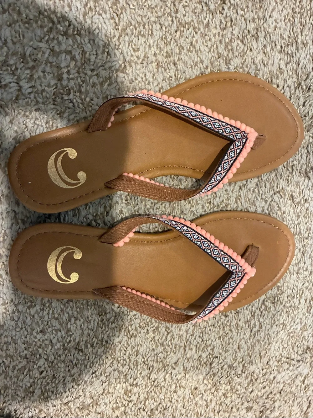 Charming Charlie Tan Flip-Flop Sandals with Coral Bead Trim
